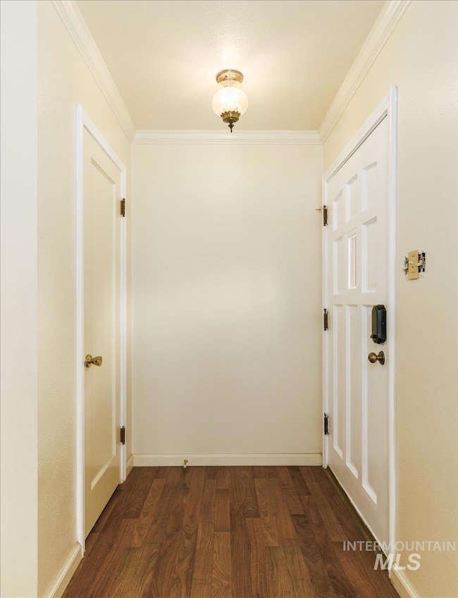 Corridor with dark wood-style floors and ornamental molding