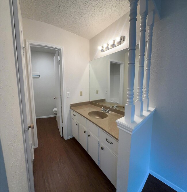 Bathroom featuring wood finished floors, a textur
