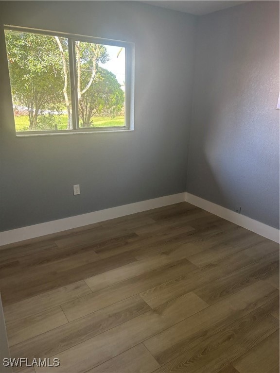 Spare room featuring wood finished floors and base