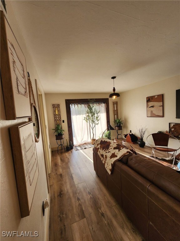 Living room featuring dark wood-style floors
