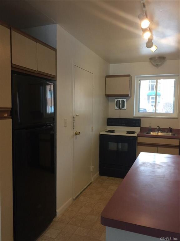 Refrigerator is cabinet depth, track lights!