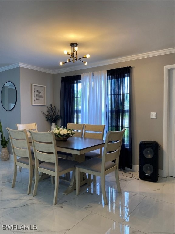 Dining area with crown molding, a chandelier, and