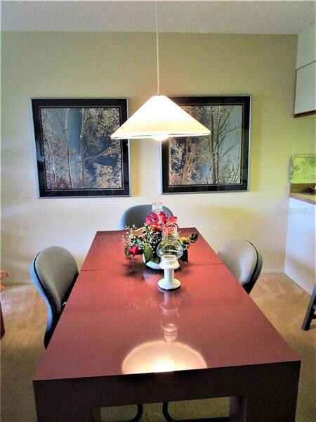 Dining Room has carpeted flooring, pendant lightin