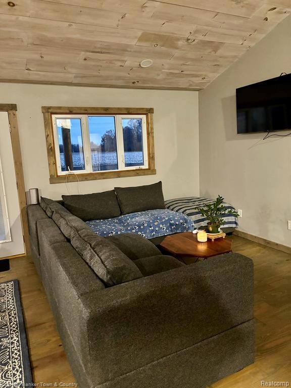 Living area featuring wooden ceiling and wood finished floors