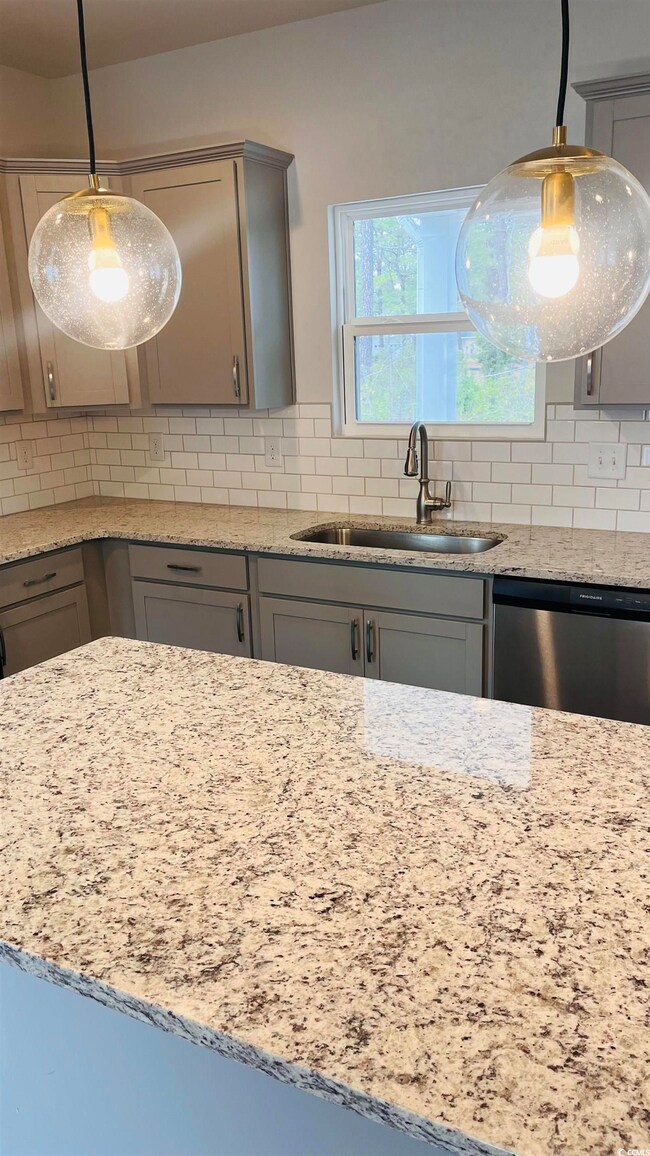 Kitchen with dishwasher, pendant lighting, decorat