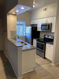 Kitchen with stove, sink, white cabinetry, and kitchen peninsula