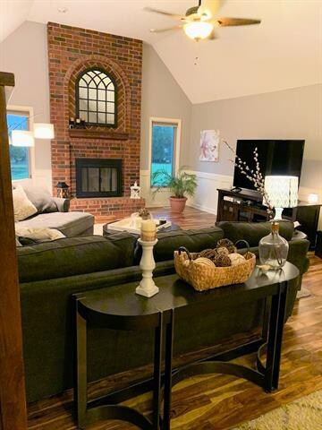 Floor-to-celling fireplace in great room.