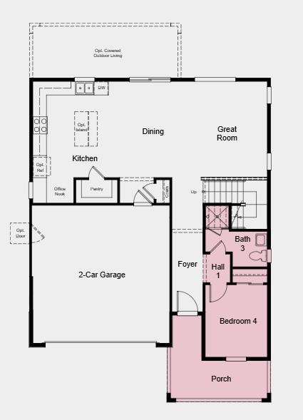 Additional Highlights Include: Downstairs bedroom in place of study, full bathroom in place of powder room, and single exterior door at garage.