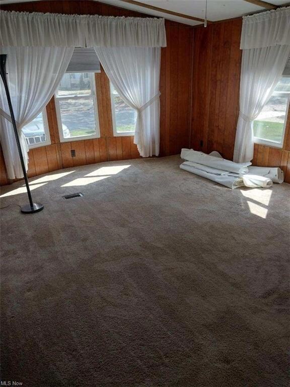 Unfurnished room featuring wood walls and carpet f