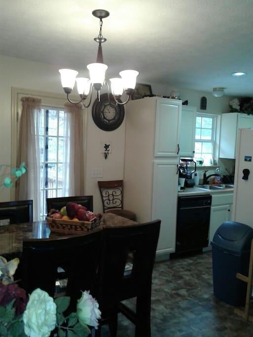      View of the kitchen from               the dining area