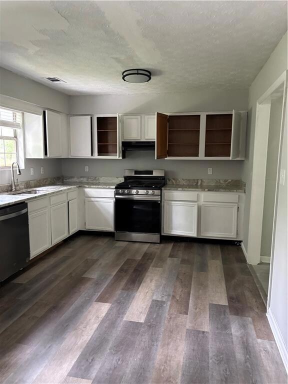 Kitchen with a sink, gas range, range hood, open shelves, and dishwasher