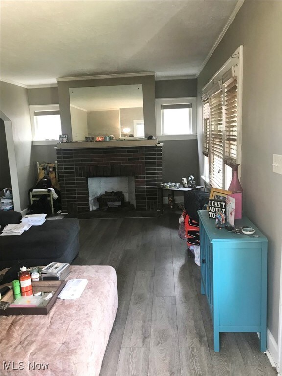 Living area with wood finished floors, a fireplace, and crown molding