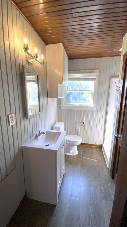 Bathroom featuring wooden ceiling, toilet, wood fi