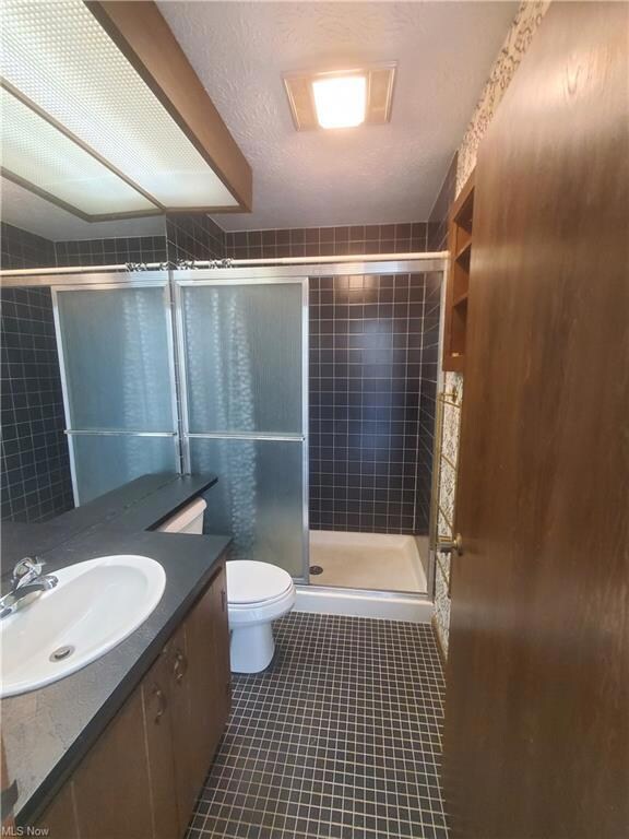 Bathroom with an enclosed shower, dark tile flooring, mirror, and vanity