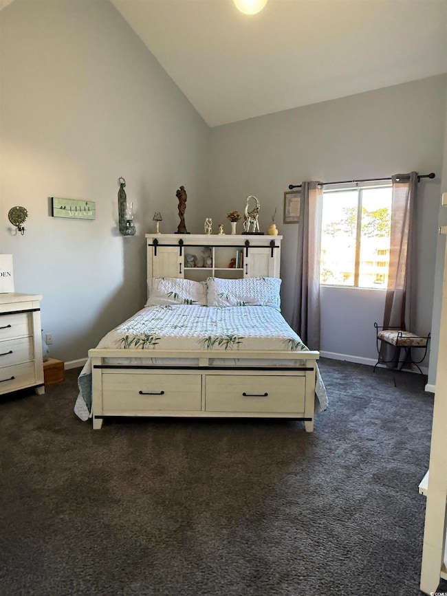 Bedroom featuring dark colored carpet and lofted ceiling