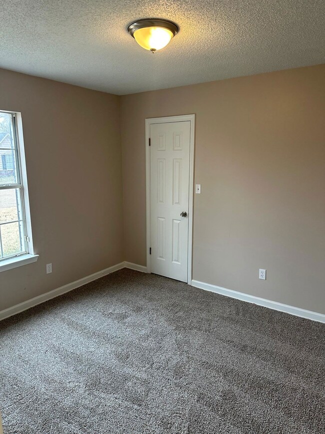 Carpeted empty room featuring a textured ceiling