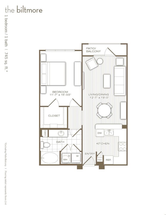Floor plan of this 745sf (per seller) 1 bedroom/1
