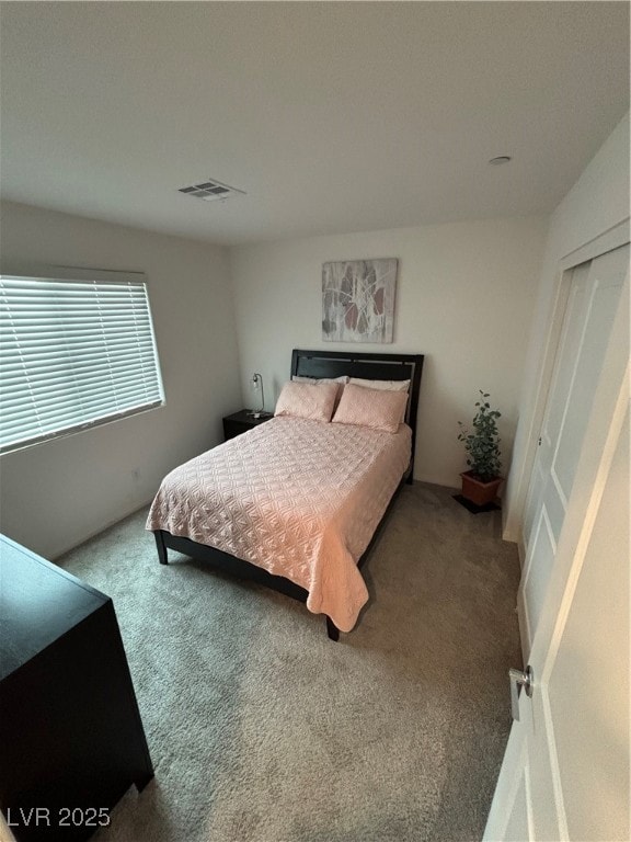 Carpeted bedroom with a closet