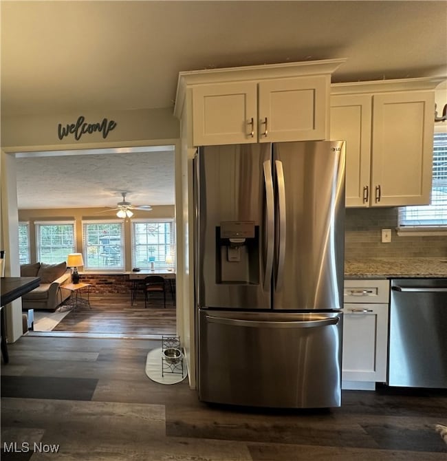 Kitchen with white cabinets, light stone countertops, stainless steel appliances, dark hardwood / wood-style floors, and ceiling fan