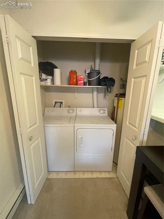 Washroom featuring water heater, light carpet, and