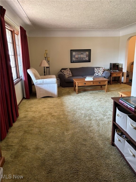 Living area with arched walkways, carpet flooring, and a textured ceiling