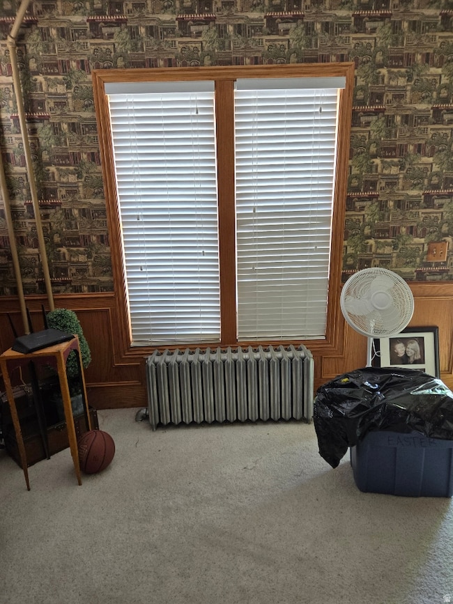 Living area with radiator heating unit and carpet flooring