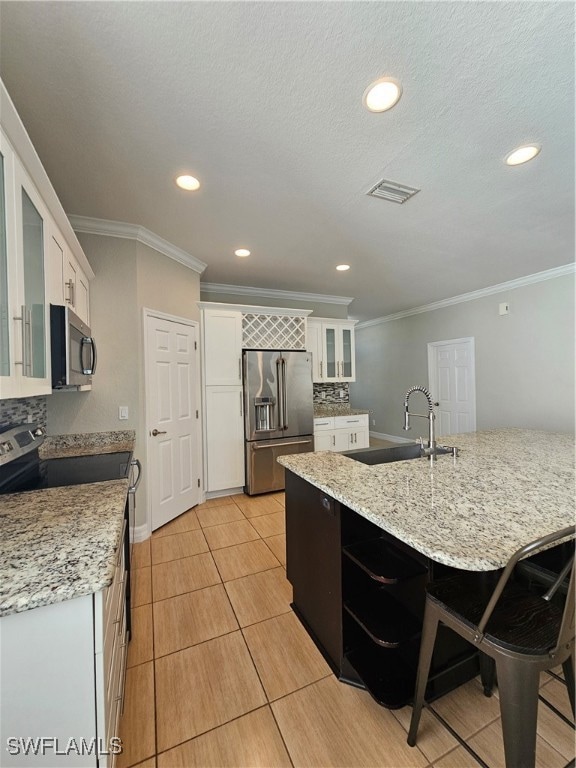 Kitchen with sink, high quality fridge, white cabi