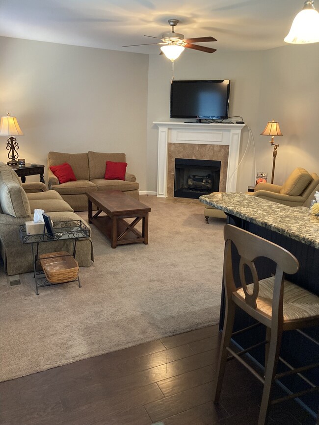 The inviting living room has a fan, a fireplace, and more!
