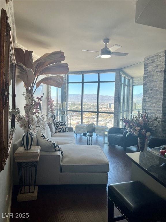 Living area with floor to ceiling windows, healthy