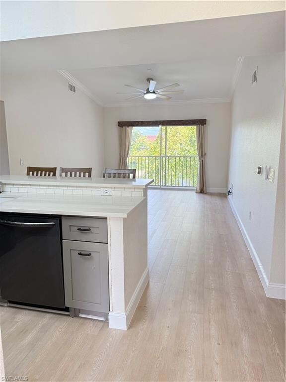 Kitchen featuring ceiling fan, light countertops, 