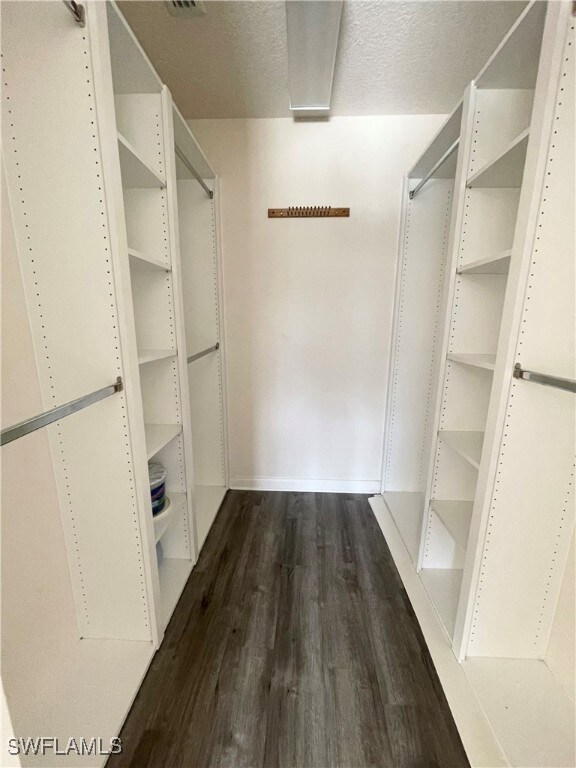 Walk in closet with dark wood-type flooring