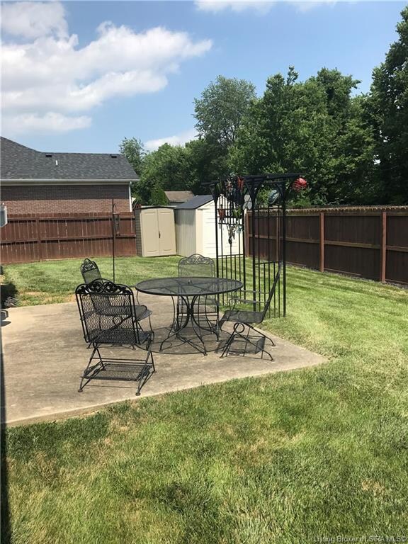 Fenced-in backyard, patio area, shed