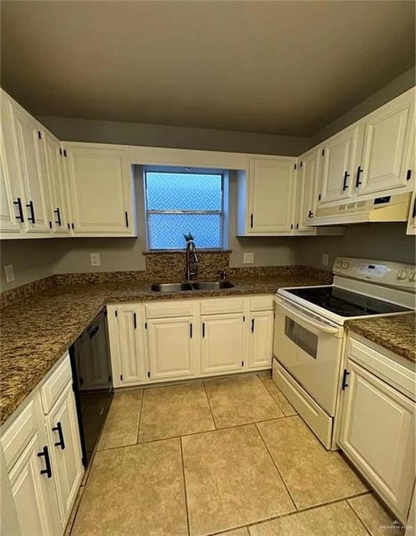 Kitchen featuring white electric range, a sink, under cabinet range hood, black dishwasher, and white cabinetry