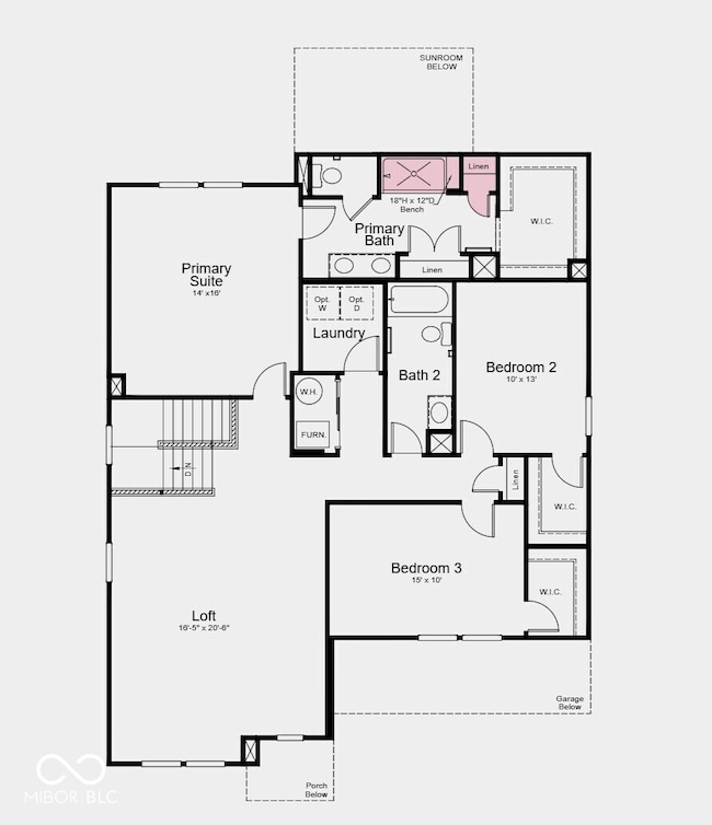 Second Floor Plan - Additional highlights include: main floor bedroom with a full bathroom, shower with bench in the primary bathroom, uncovered patio, and water softener rough-in located under the stairs