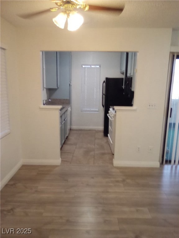 Kitchen with a ceiling fan and light wood-type flooring