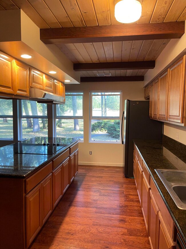 kitchen island cabinets, fridge