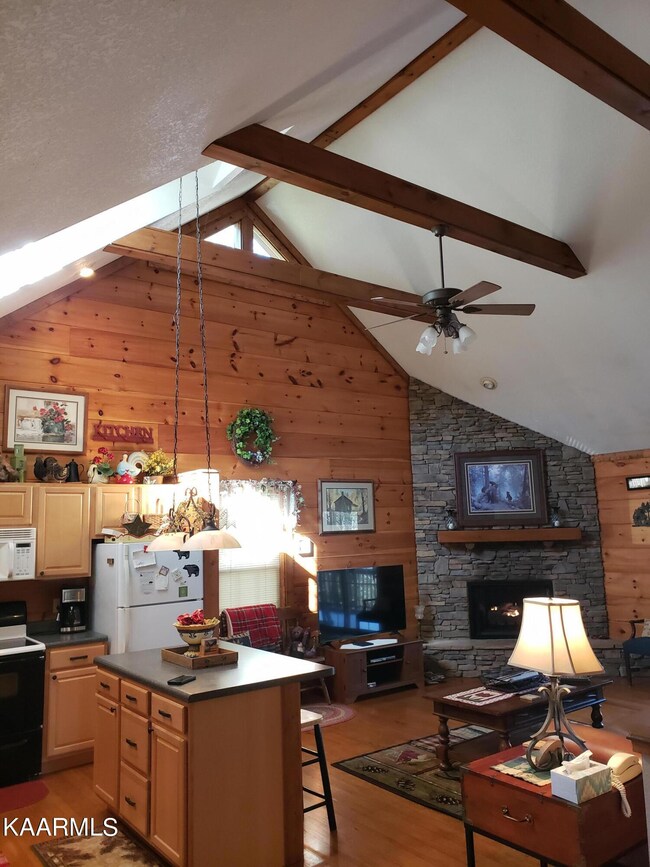 Family room with beams