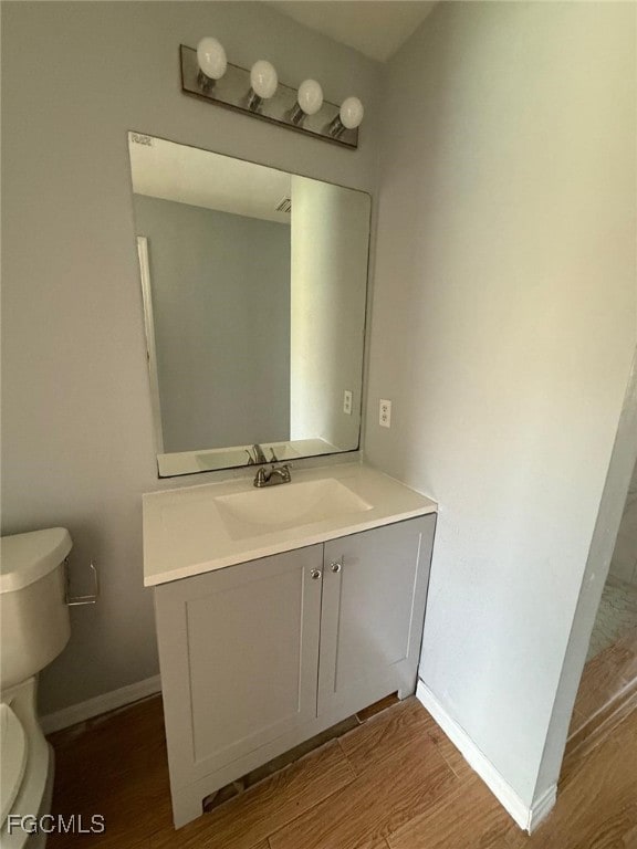 Bathroom featuring wood finished floors and vanity