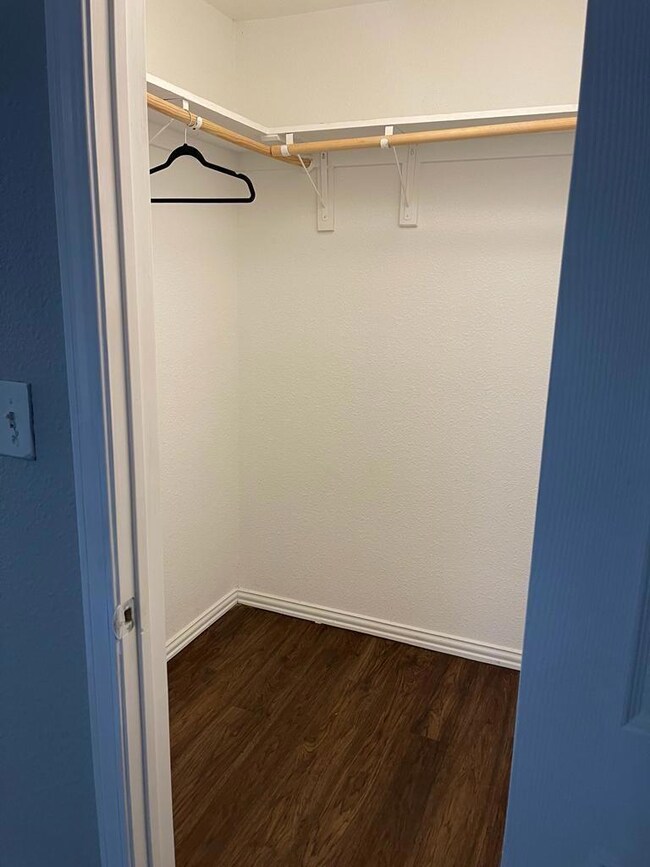Walk in closet with dark wood-style floors