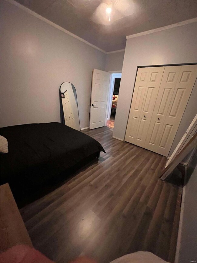 Bedroom featuring crown molding, dark hardwood / wood-style floors, and a closet