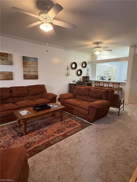 Carpeted living room featuring ornamental molding 