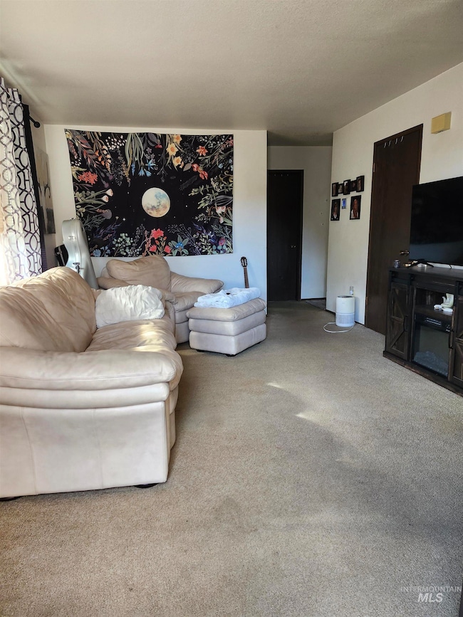 Living area featuring carpet flooring