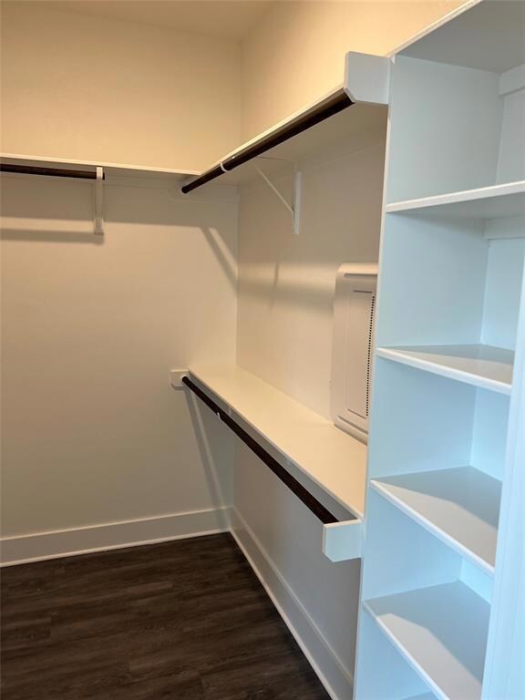 Walk in closet with dark wood-style flooring