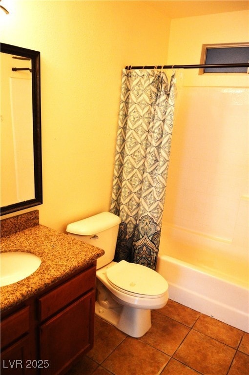 Full bath with vanity, shower / bath combo, tile p