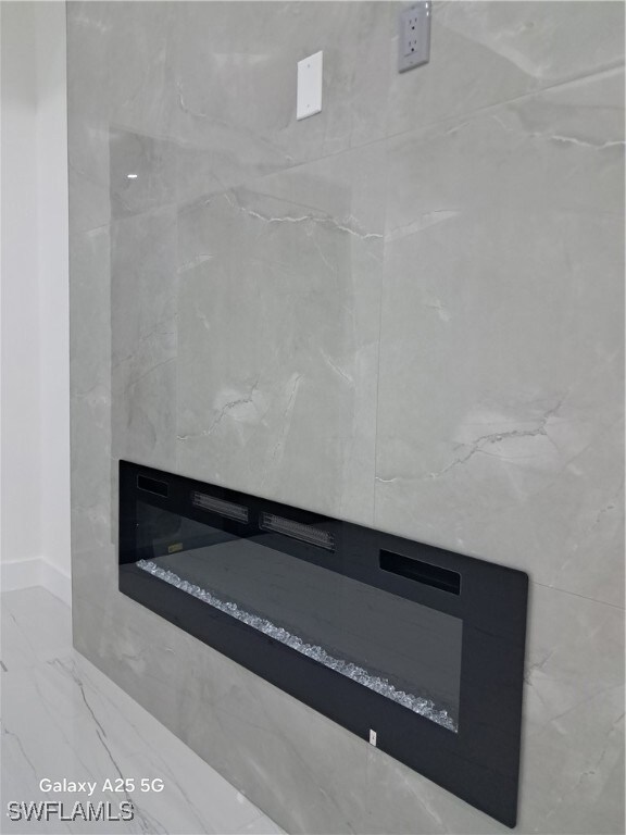 Detailed view of baseboards and a premium fireplac