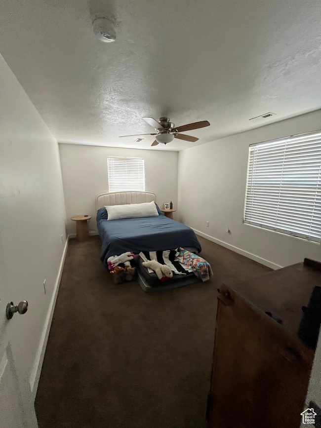 Carpeted bedroom with multiple windows and ceiling fan