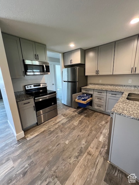 Kitchen with stainless steel appliances, wood finished floors, light stone counters, gray cabinets, and recessed lighting
