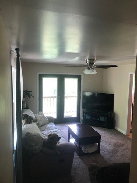 Hall view; living room