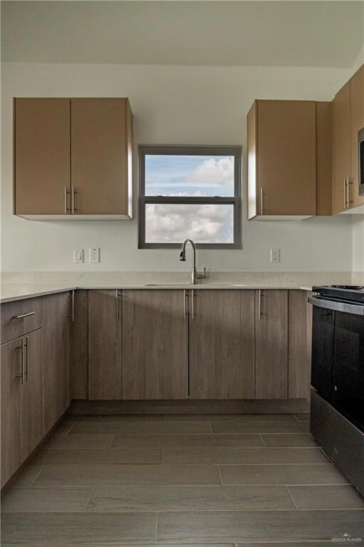 Kitchen featuring sink, dark wood-type flooring, and stainless steel range with electric stovetop