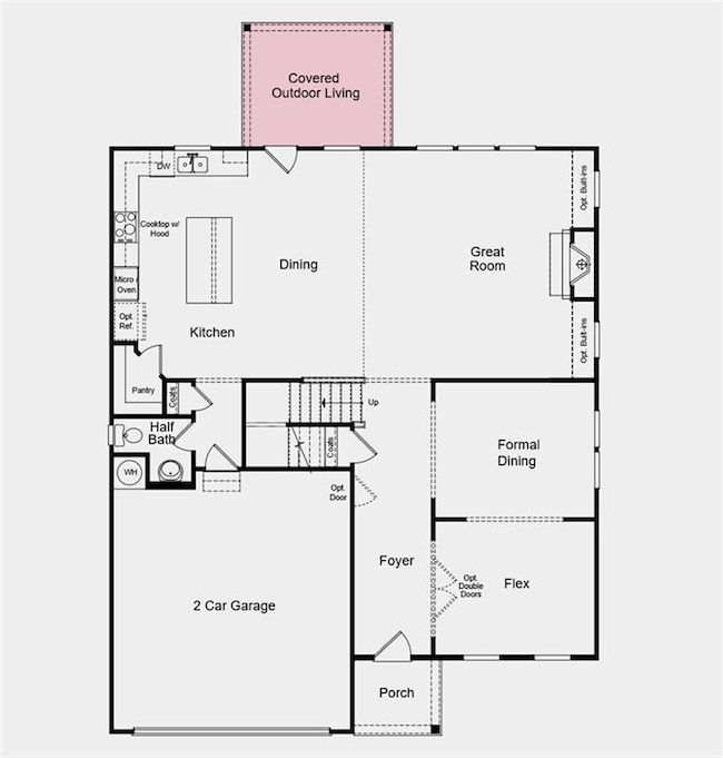First Floor Plan - Additional highlights include: gourmet kitchen, a soaking tub with a separate shower in the primary bathroom, a full bathroom added to bedroom 4, a covered back patio, and French doors into the flex room